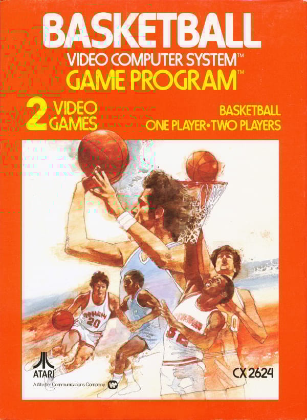The box art for the Atari VCS/2600 game, Basketball, which has an orange border and inset art of players with basketballs in different poses and actions.