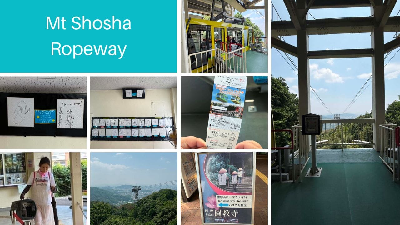 Collage showing the Mt Shosha Ropeway experience in Japan, including cable cars, ticket information, mountain views, and the ropeway station platform, highlighting the journey up the mountain toward the temple.