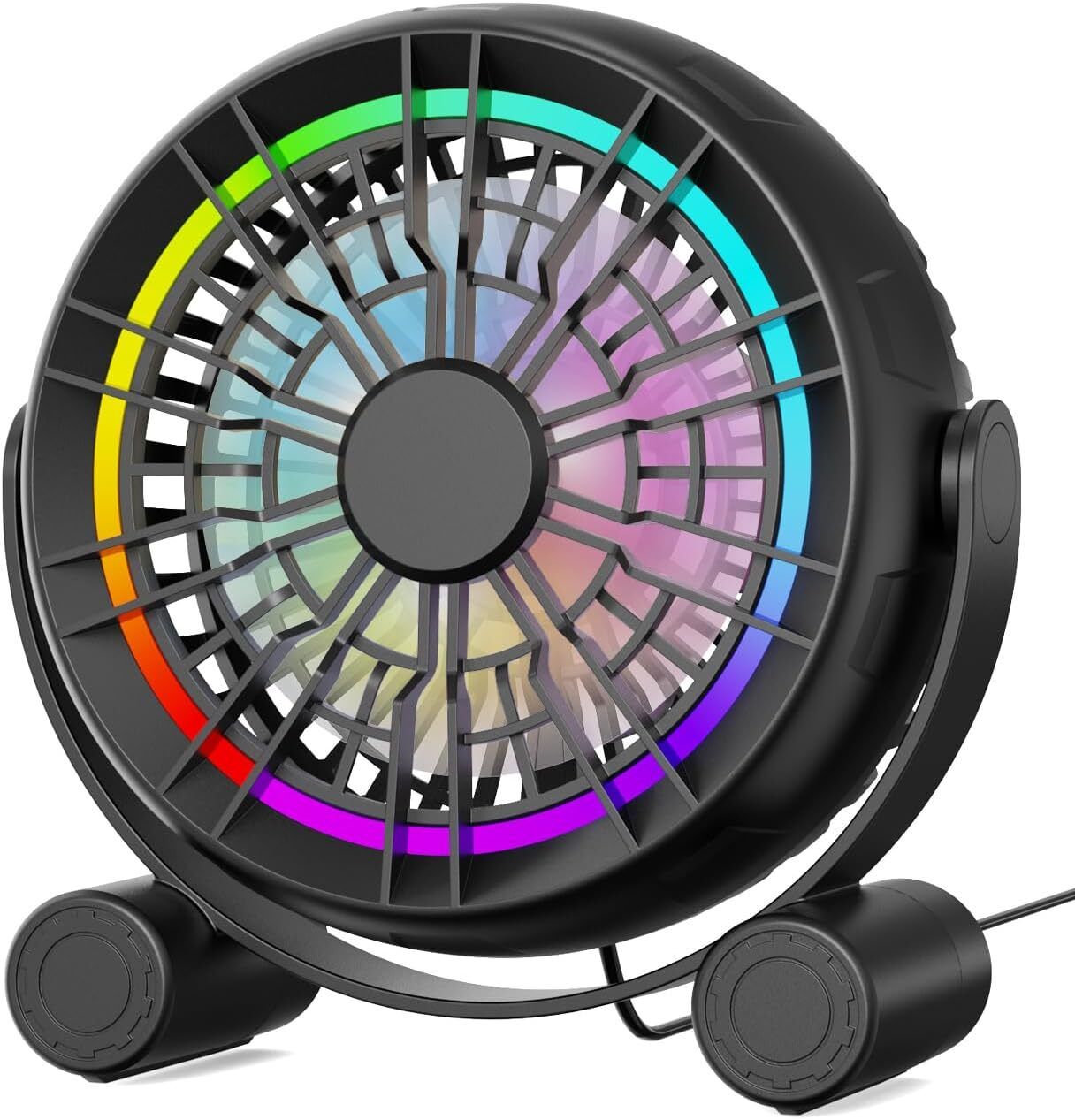 Mini Gaming Desk Fan with RGB Lighting Alt Text: USB-powered mini desk fan with built-in RGB lighting, perfect for cooling gamers during long play sessions.