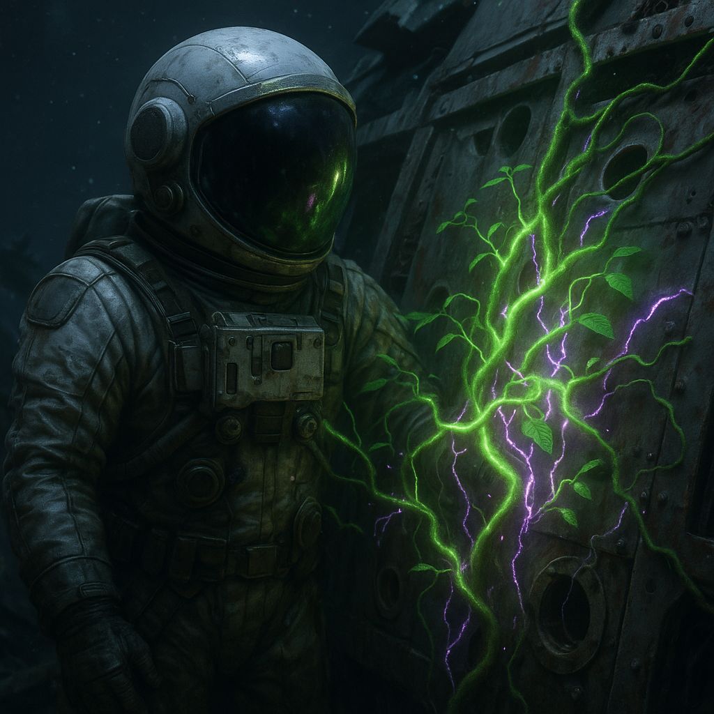 Medium shot of an astronaut floating in space, examining glowing vines on the hull of a derelict spacecraft.