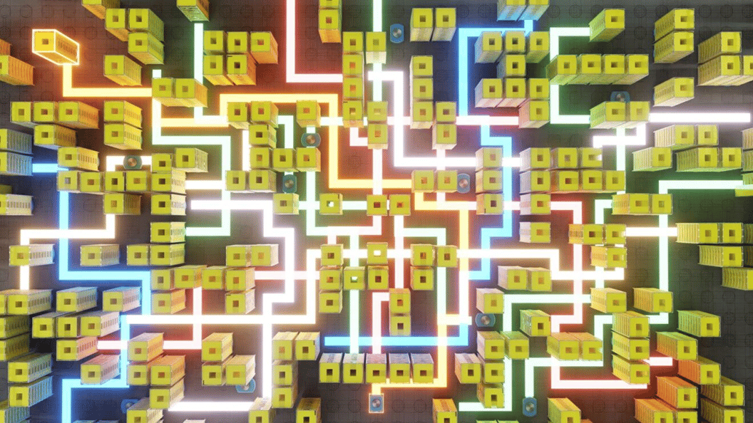 模拟的亚马逊仓库地板的鸟瞰图显示了代表机器人路线的数十个黄色储物架和鲜艳的发光路径。这些路径(以红色,绿色,蓝色和白色标记)示出了AI协调的运动和机器人舰队的交通优化。