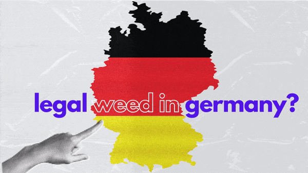 the map of germany with the words "legal weed in germany" layered on top and a finger pointing towards it coming from the lower left side of the image