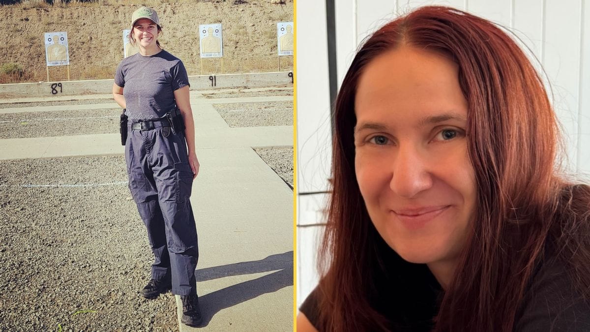 A woman stands smiling at the camera. On the left she is wearing a dark T-shirt and pants, and on the right is a more close-up photo of her smiling at the camera.
