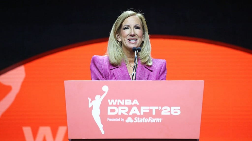 WNBA Commissionner Cathy Engelbert speaks during the 2025 WNBA Draft on April 14, 2025 at The Shed in New York,