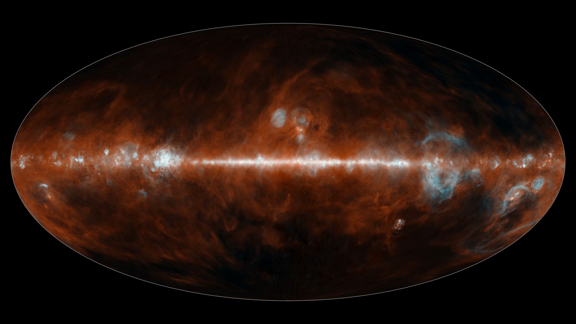 Infrared light from dust (red) and hot gas (blue), essential for forming stars and planets, is captured in this SPHEREx image. These structures cover vast areas but are undetectable in visible wavelengths.