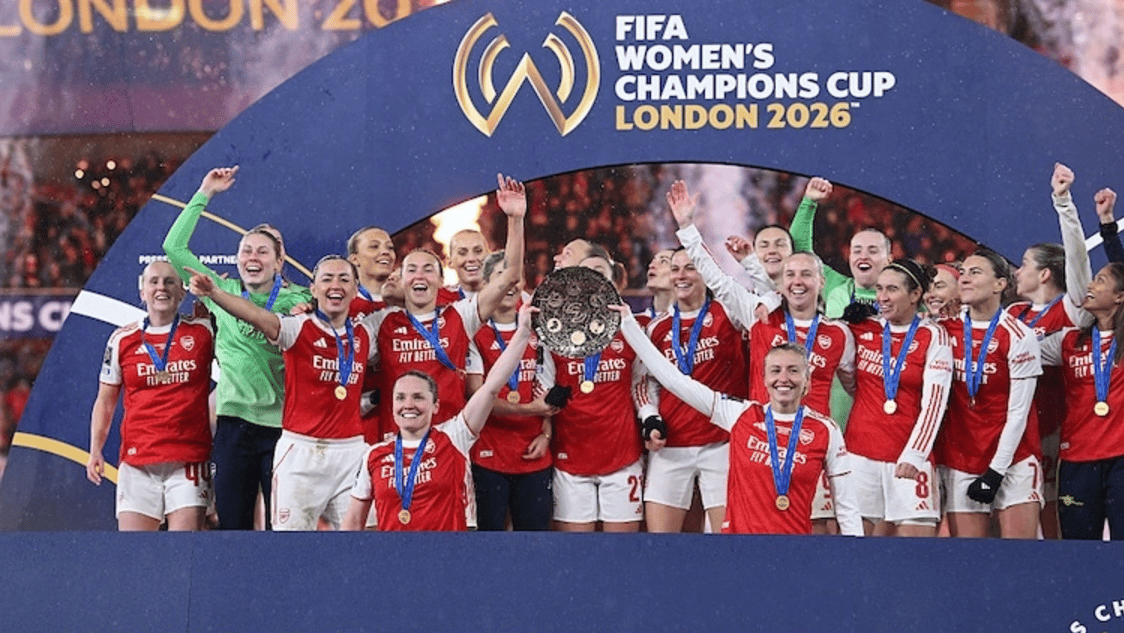 Kim Little and Leah Williamson of Arsenal lift the FIFA Women's Champions Cup trophy after the FIFA Women's Champions Cup 2026 Final