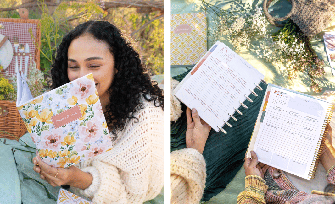 Two images of a woman reading a Plum Paper planner and close-ups of the inside of planners.