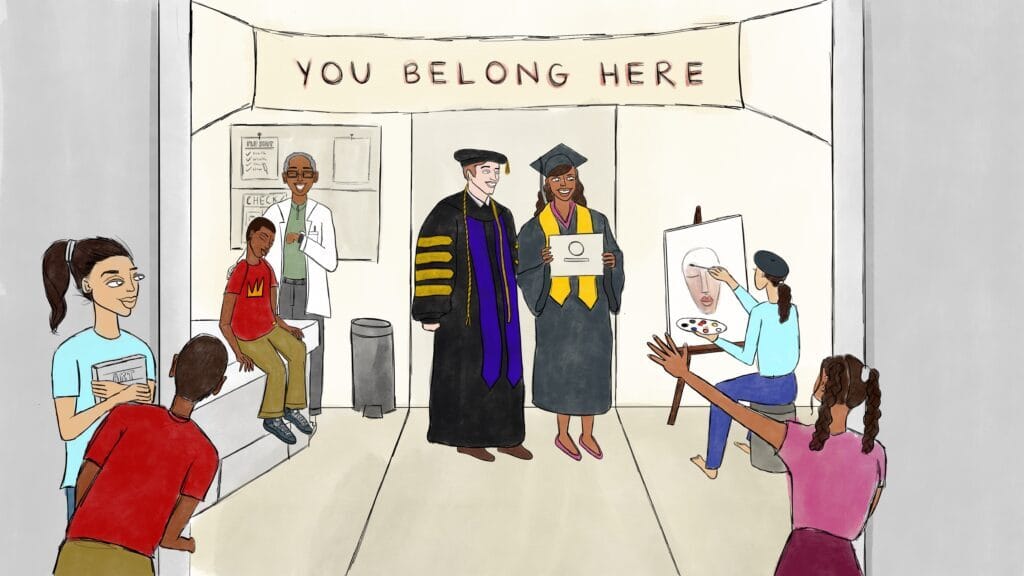 Illustration of students peering around the corner to see other young people in a doctor's visit, holding a diploma in regalia and sitting at an easel painting.