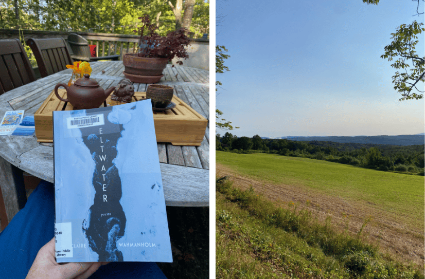 On the left: I’m holding up Meltwater in front of my tea things on a picnic table. Right: View of a field and hills under a blue morning sky.