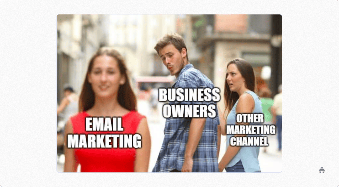 Meme showing a distracted person labeled “Business Owners” turning toward “Email Marketing” while ignoring “Other Marketing Channel,” humorously highlighting how email marketing often captures more attention and value for businesses — relevant to beehiiv’s newsletter marketing focus.