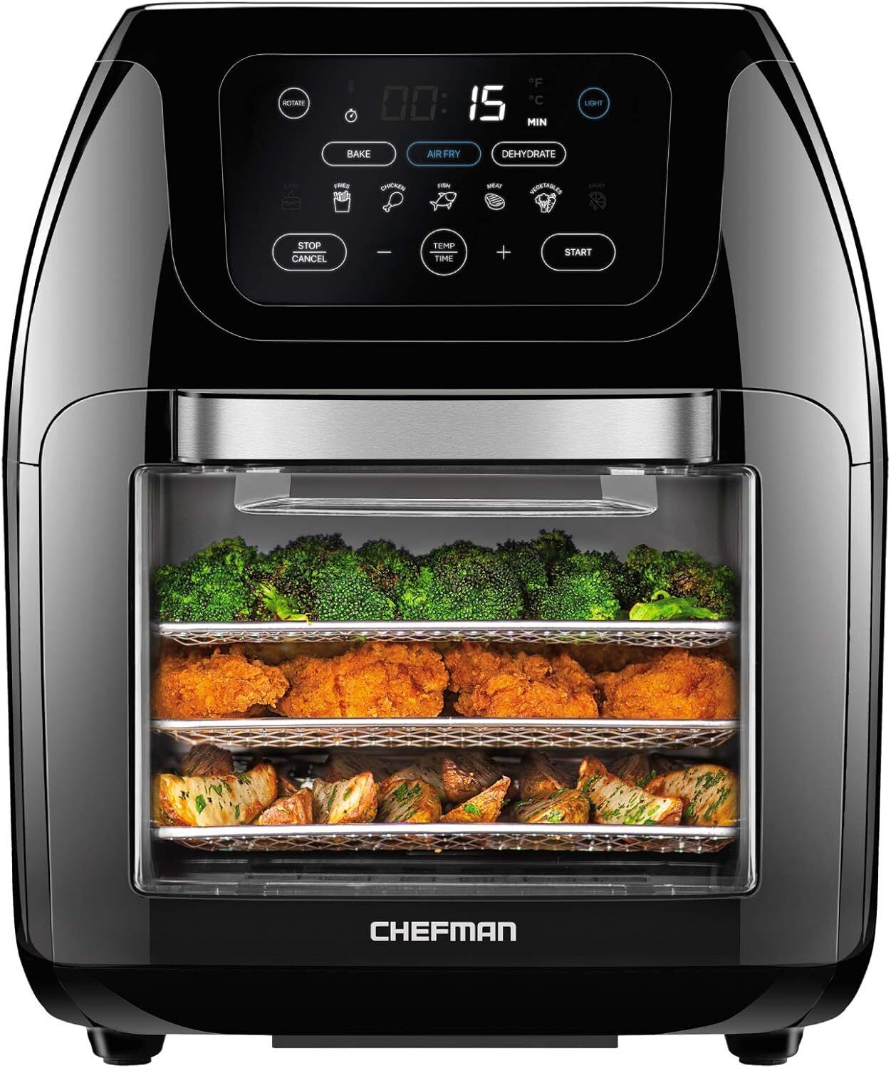 CHEFMAN Multifunctional Digital Air Fryer – Large black air fryer oven with a glass door, displaying golden rotisserie chicken and air-fried veggies inside. Touchscreen presets lit up for user-friendly appeal.