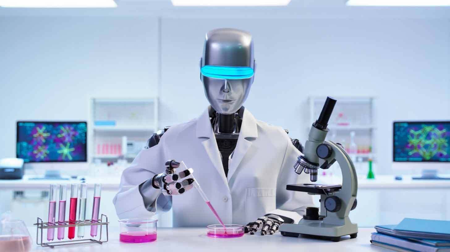 Robot humanoïde en blouse de laboratoire manipulant des éprouvettes dans un environnement scientifique moderne.