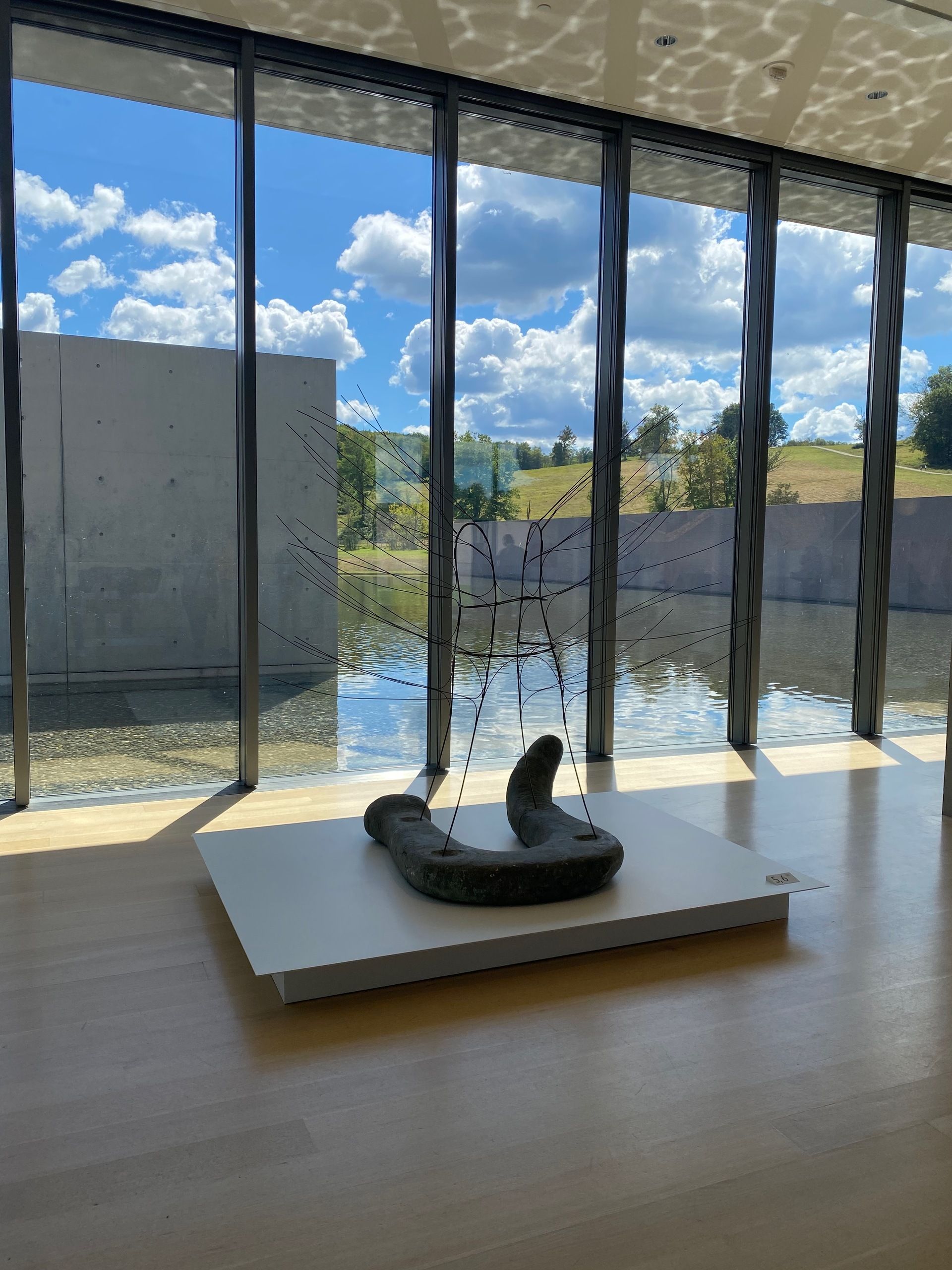 A stone and wire sculpture in front of a bank of floor-to-ceiling windows with a reflecting pool and a blue sky dotted with clouds behind it.