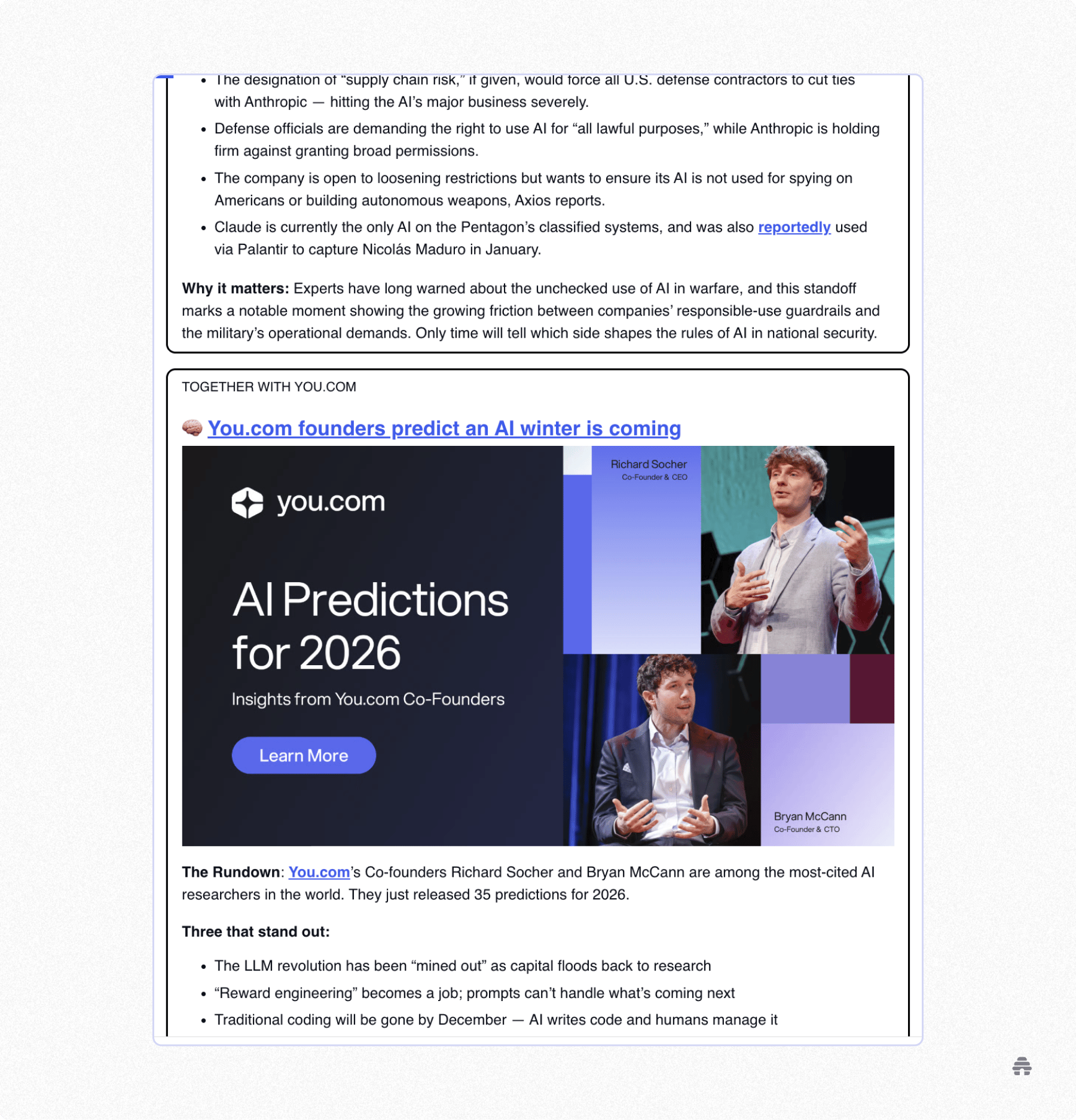 Screenshot of a beehiiv-style newsletter featuring a sponsored ad from You.com about AI predictions for 2026, with headline, images of speakers, and supporting text illustrating native ad placement for monetization.