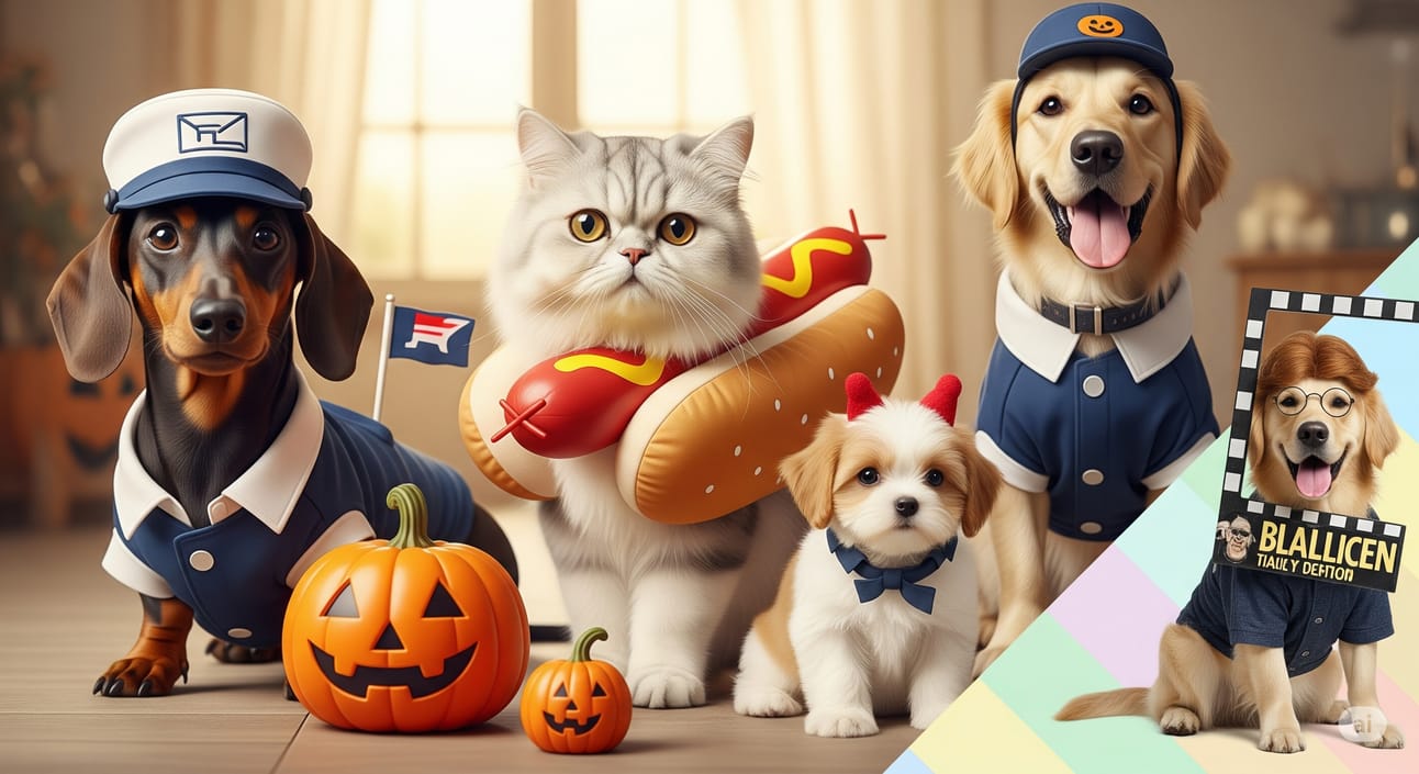 A 16:9 image shows several dogs and cats dressed in amusing Halloween costumes, such as a mailman, a hot dog, and various movie characters. The bottom right-hand corner of the image features light colors.