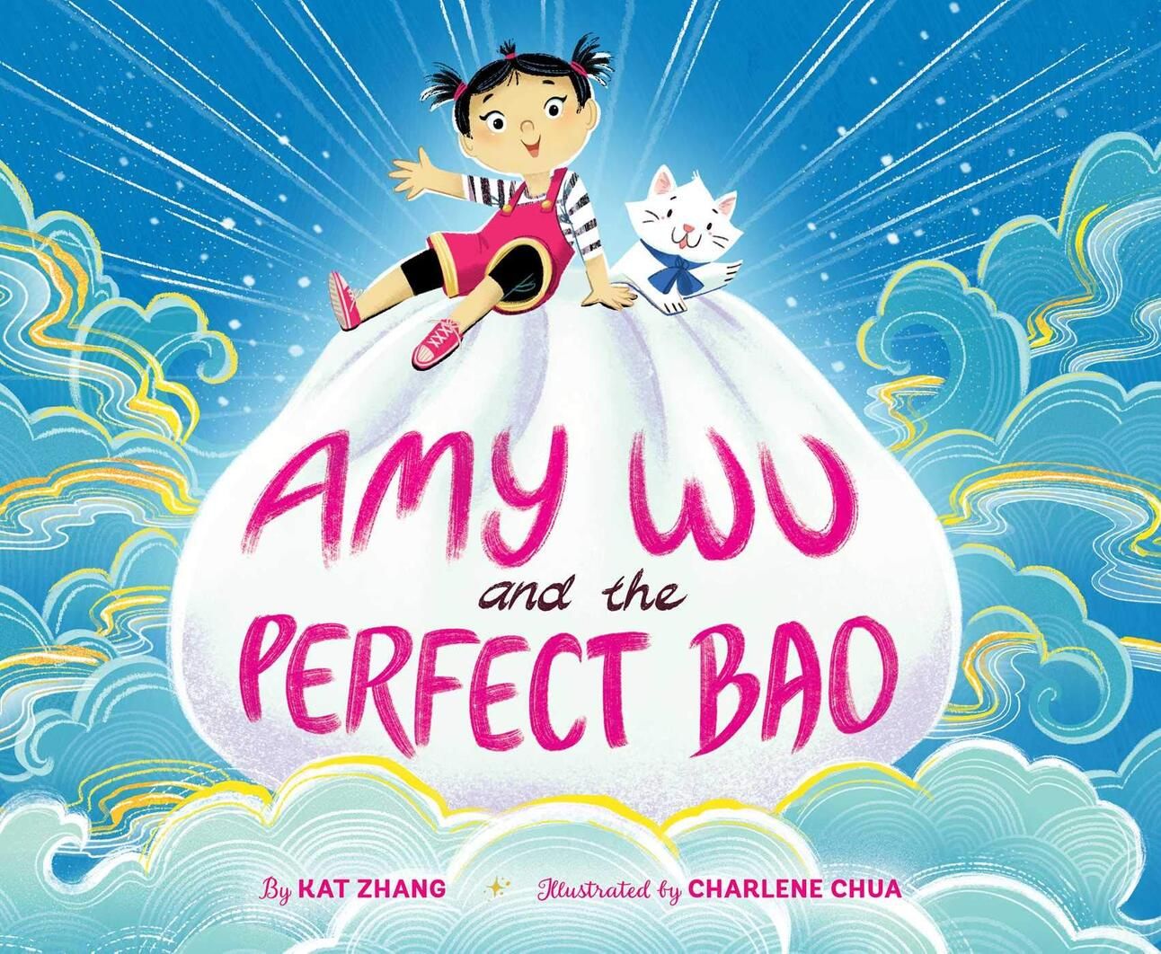 The book cover shows a young girl (Amy), sitting with her cat on top of a large bao, on a background of clouds.