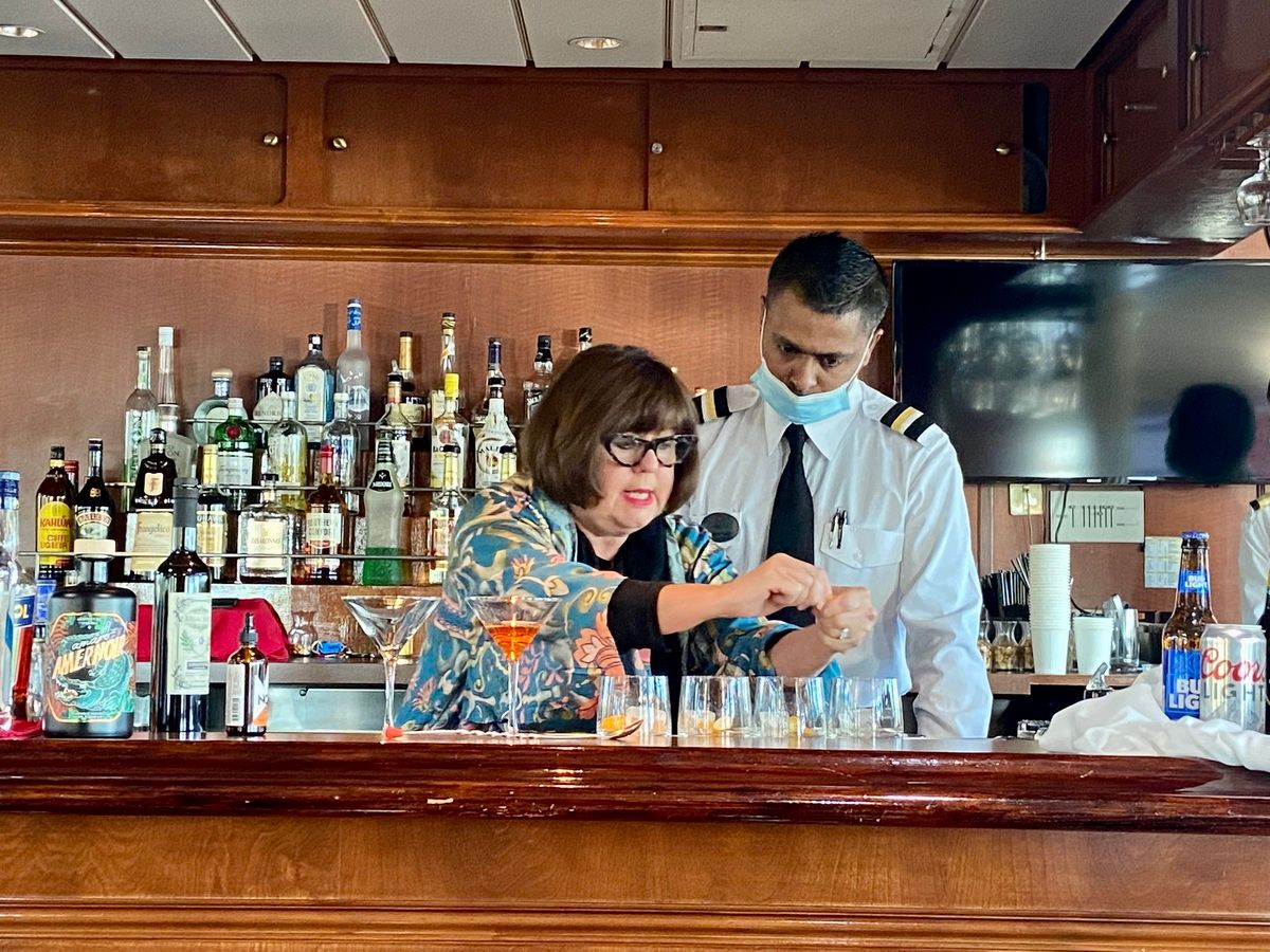 Chef Regina Charboneau's cocktail demo with ship bar chief, Avi-- Barb DeLollis