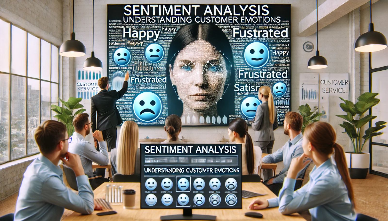 A team of customer service analysts in an office, viewing a large screen showing a word cloud of customer sentiments such as 'happy,' 'frustrated,' 'satisfied,' extracted from reviews and social media posts. Next to the screen, a facial recognition software interface displays the emotion detected on a customer's face post-service. In the background, the words 'Sentiment Analysis: Understanding Customer Emotions' are featured prominently.