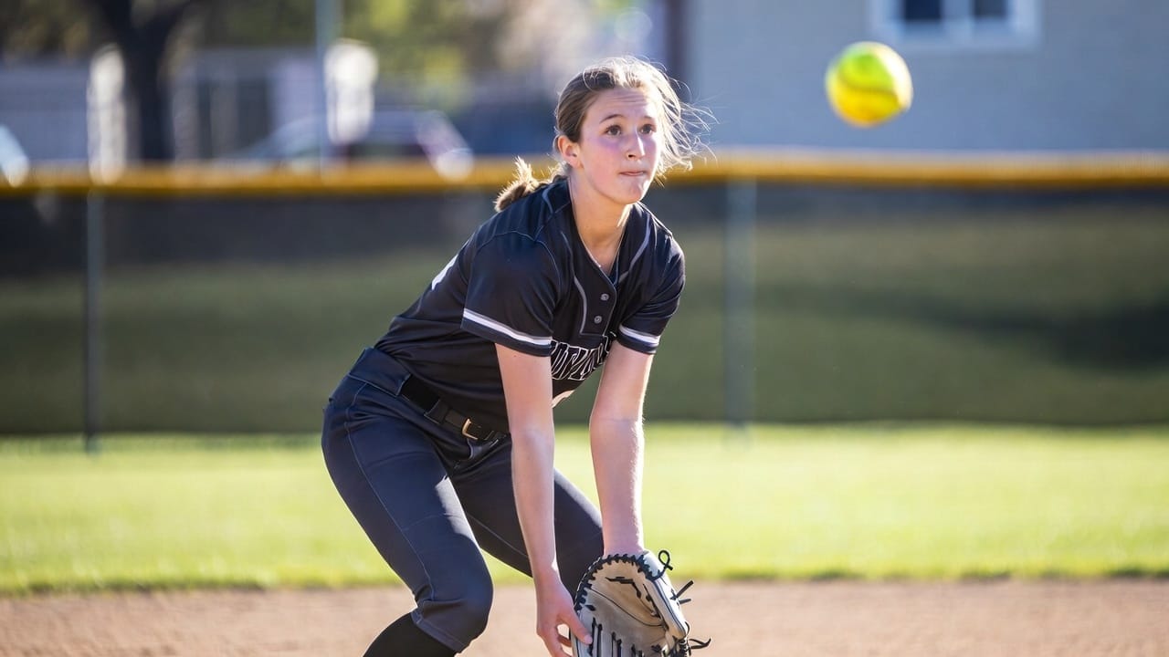 Softball player adjusting her body position during live play, demonstrating balance and reaction rather than raw speed.