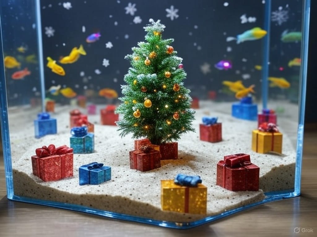 A festive aquarium features a miniature Christmas tree adorned with tiny glowing ornaments, surrounded by floating snowflakes and colorful fish in shades of orange, yellow, and blue swimming around. The tank includes resin gift boxes in red, blue, and yellow with bows, and a gingerbread hideout with white icing details. The scene is set on a snowy white substrate with small decorative elements, creating a whimsical underwater holiday atmosphere. The background showcases a blue gradient with additional snowflakes, enhancing the festive vibe.