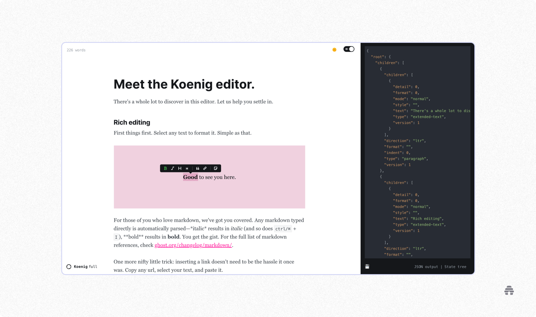 Ghost Koenig editor interface showing rich text editing with formatting toolbar alongside JSON code view for structured content editing.