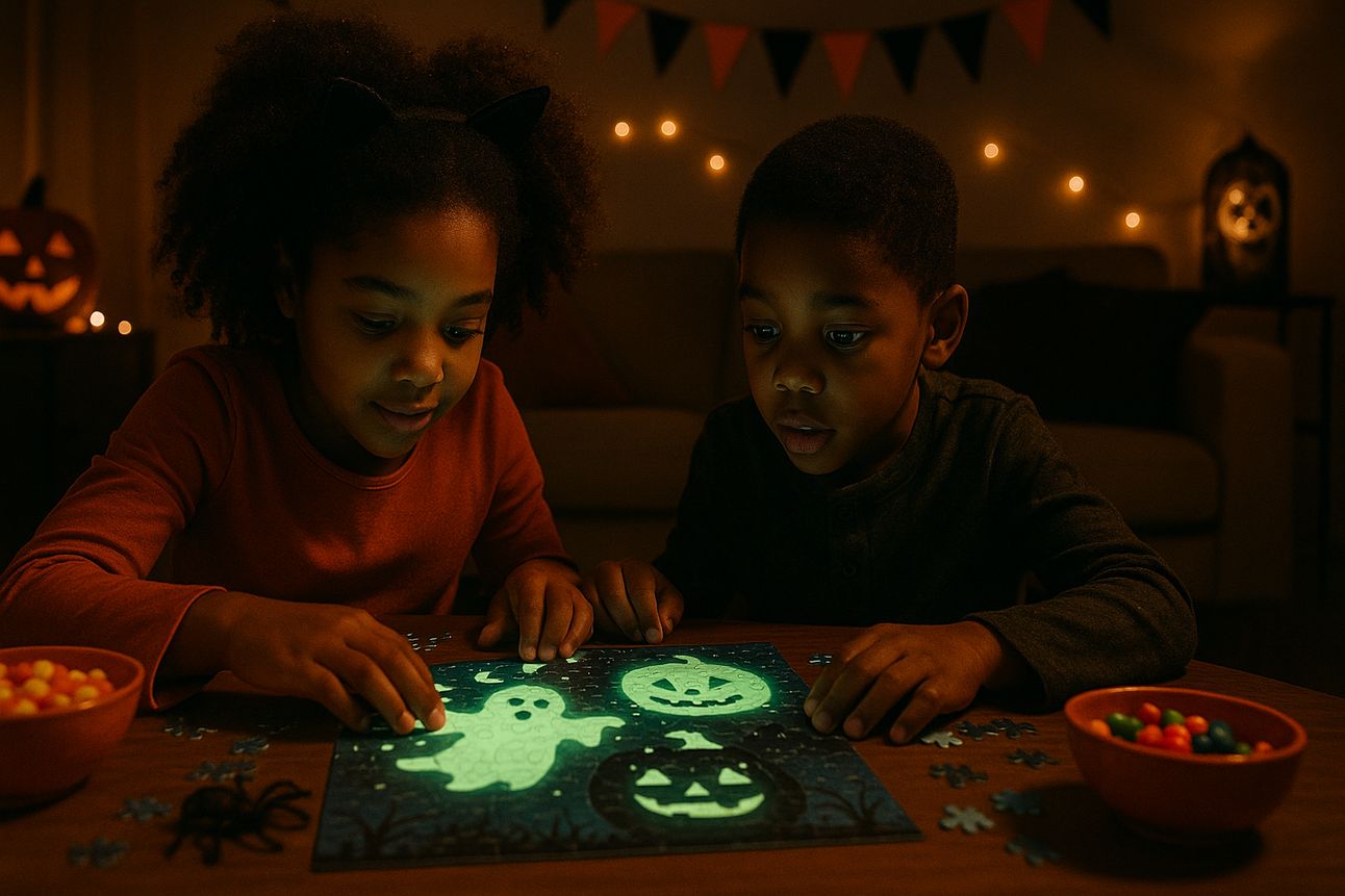 Two Black siblings sit at a wooden coffee table in a cozy, dimly lit living room, working together on a glowing Halloween puzzle featuring a ghost and jack-o’-lanterns. They’re surrounded by candy bowls, string lights, and festive Halloween decorations, with warm orange and black party banners in the background.