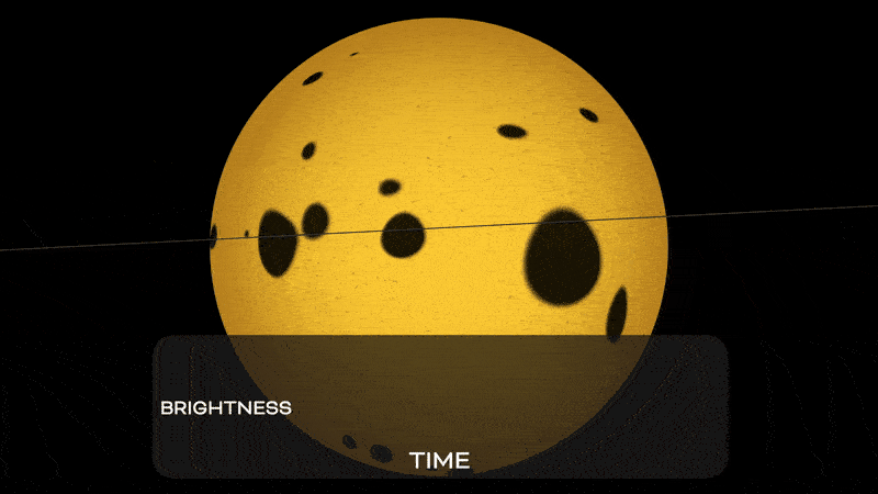 This artist’s concept illustrates the varying brightness of star with a transiting planet and several star spots.