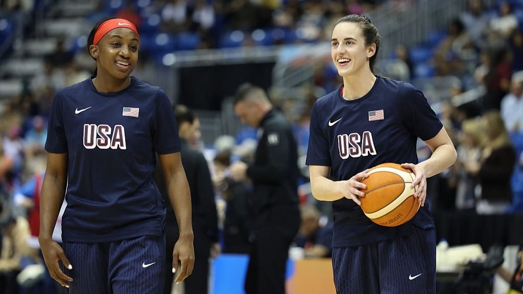 Jackie Young #13 and Caitlin Clark #12 of the USA Women's National Team warm up before the game against Puerto Rico during the 2026 FIBA World Cup Qualifying Tournament 