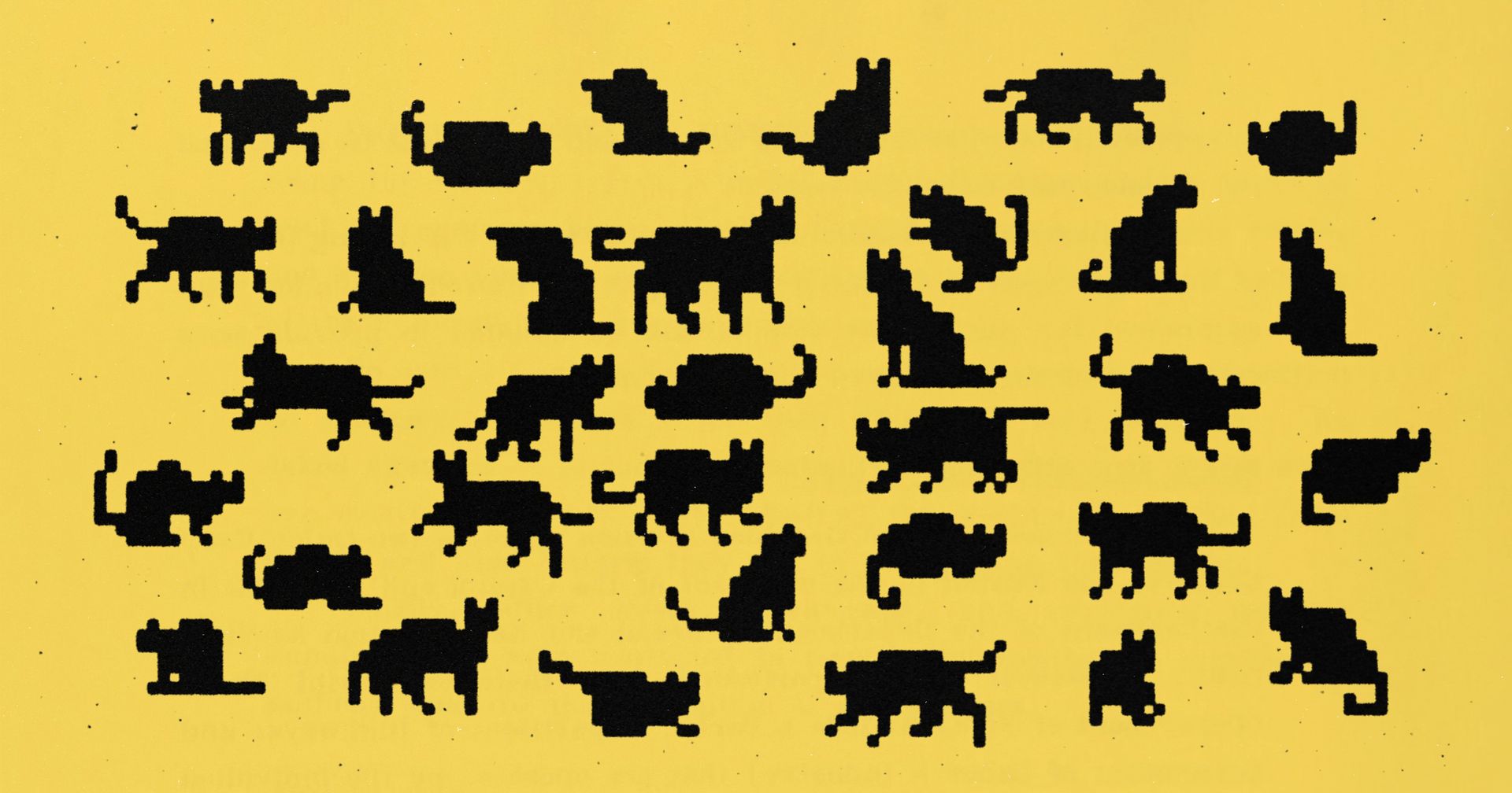 A grid of pixelated black cat silhouettes on a yellow background in a retro style