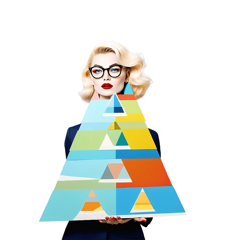 A woman balances a pyramid in an artful graphic