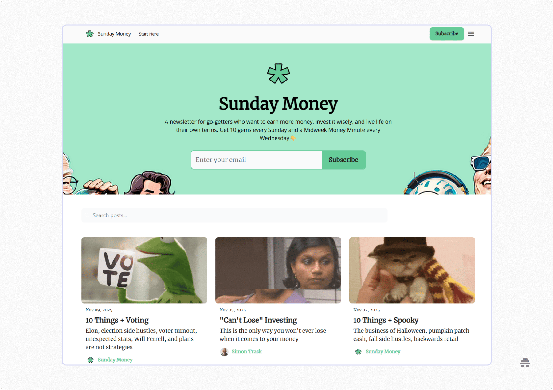 Homepage of the Sunday Money newsletter showcasing its promise to help readers earn more, invest wisely, and live on their own terms, with an email signup form and featured articles below.