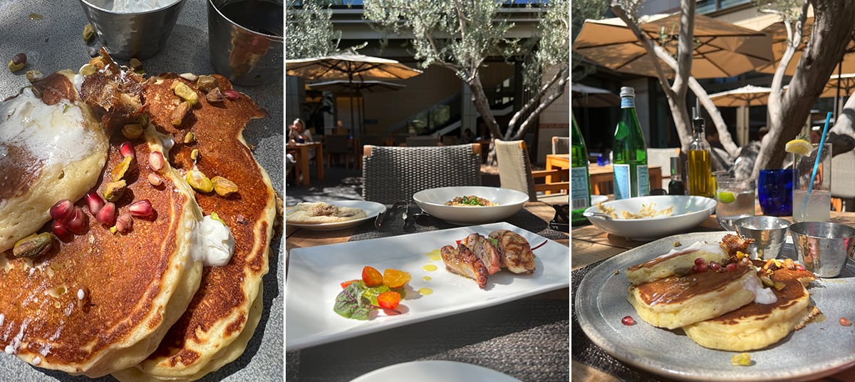 Selection of Mediterranean-inspired brunch dishes at Plateia UCLA, including Moroccan orange pancakes with honey and pistachios, and yogurt bowls served on the sunny terrace