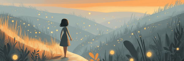An illustrated scene of a young girl standing on a glowing path at sunset, surrounded by tall grass and rolling hills filled with soft, golden fireflies. The warm sky fades from orange to dusky blue, and the atmosphere feels quiet, reflective, and magical — as if she’s leaving behind a trail of light and memory. Ask ChatGPT