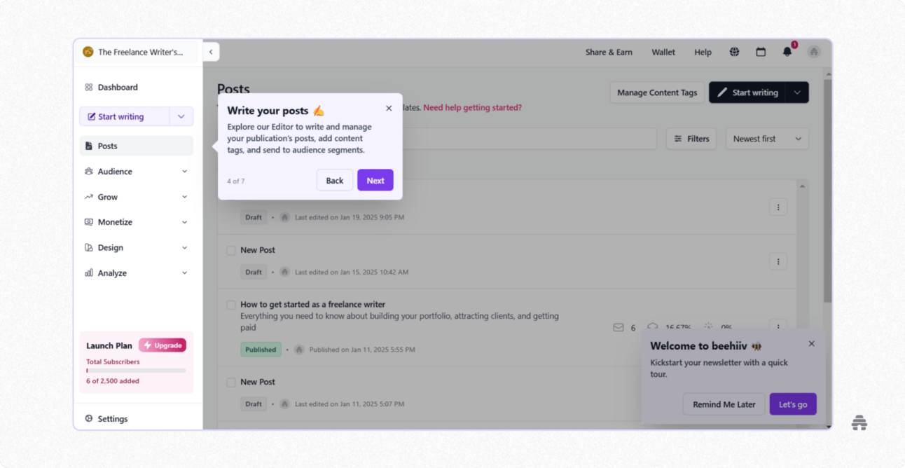 beehiiv creator dashboard showing the Posts section with an onboarding tour pop-up explaining how to write and manage newsletter posts. Illustrates the beehiiv editor workflow for creators starting to publish and manage newsletter content