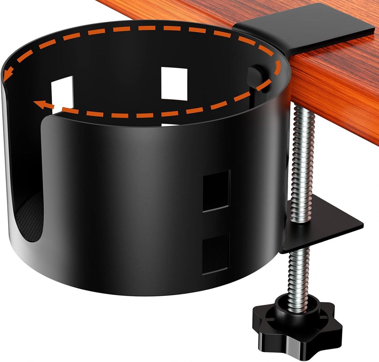 OOKUU Desk Cup Holder Alt Text: Metal desk-mounted cup holder with anti-spill design, compatible with bottles, mugs, and pencil holders.