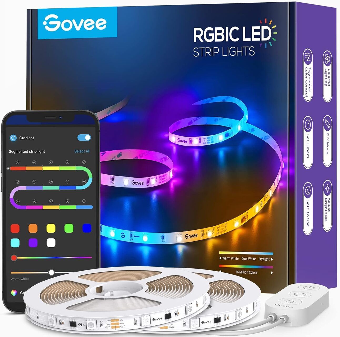 Govee RGBIC Strip Lights – Ultimate Flexibility Vibrant RGB strip lights wrapped around a gaming desk and under shelves, featuring segment color control and music sync for dynamic setups.