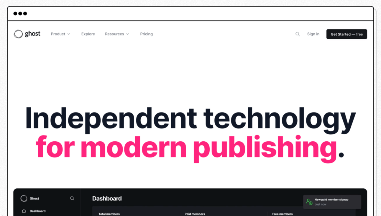 Ghost homepage highlighting “Independent technology for modern publishing,” promoting a platform for creators to publish content, run newsletters, and manage memberships.