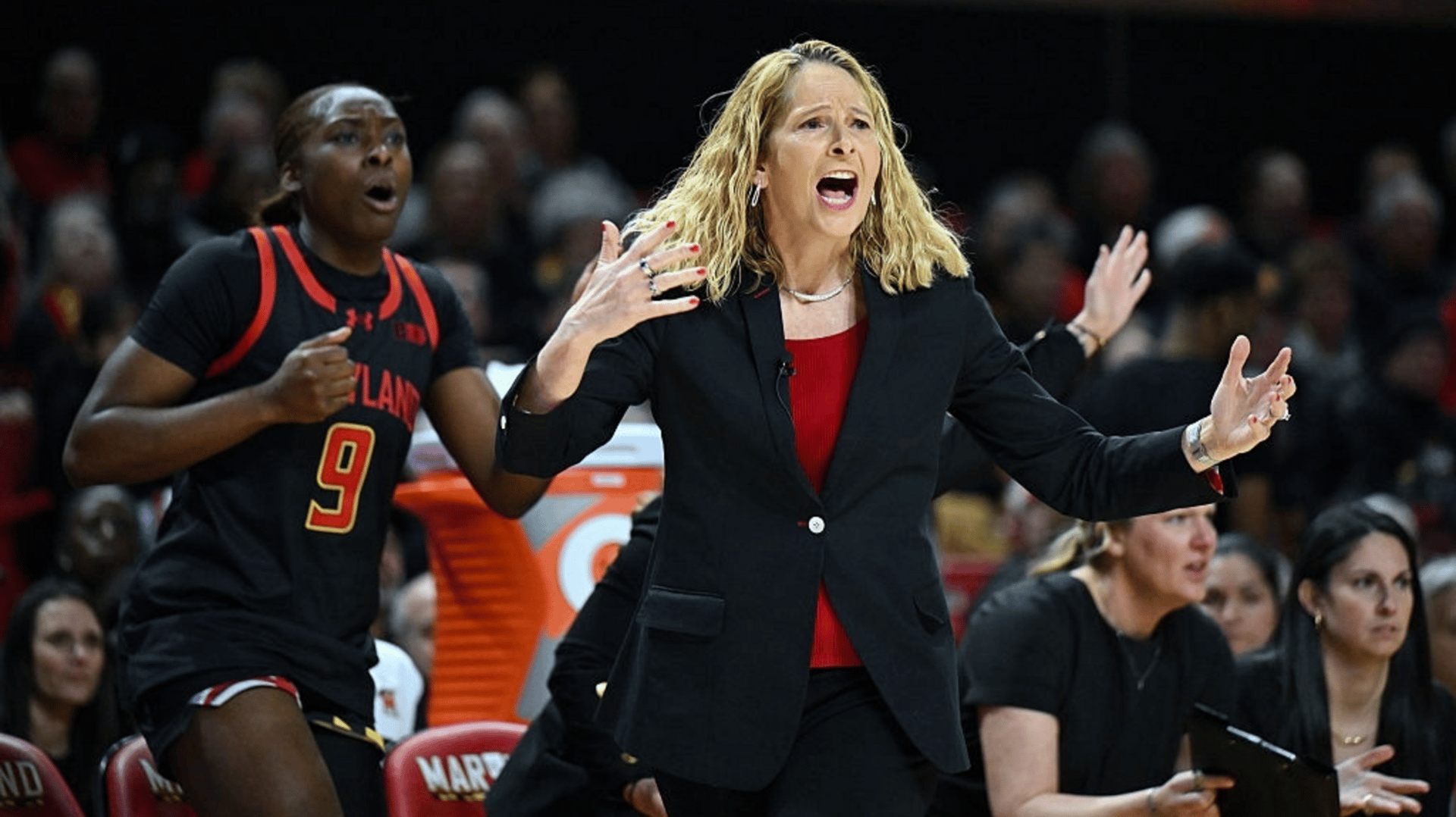 Head coach Brenda Frese of the Maryland Terrapins reacts to a call in the second quarter against the Ohio State Buckeyes