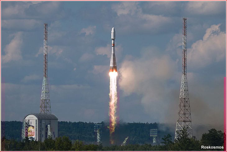 A Russian Soyuz rocket launches the Ionosfera-M 3 and 4 spacecraft, along with 18 secondary payloads, from Vostochny Cosmodrome on July 25, 2025.