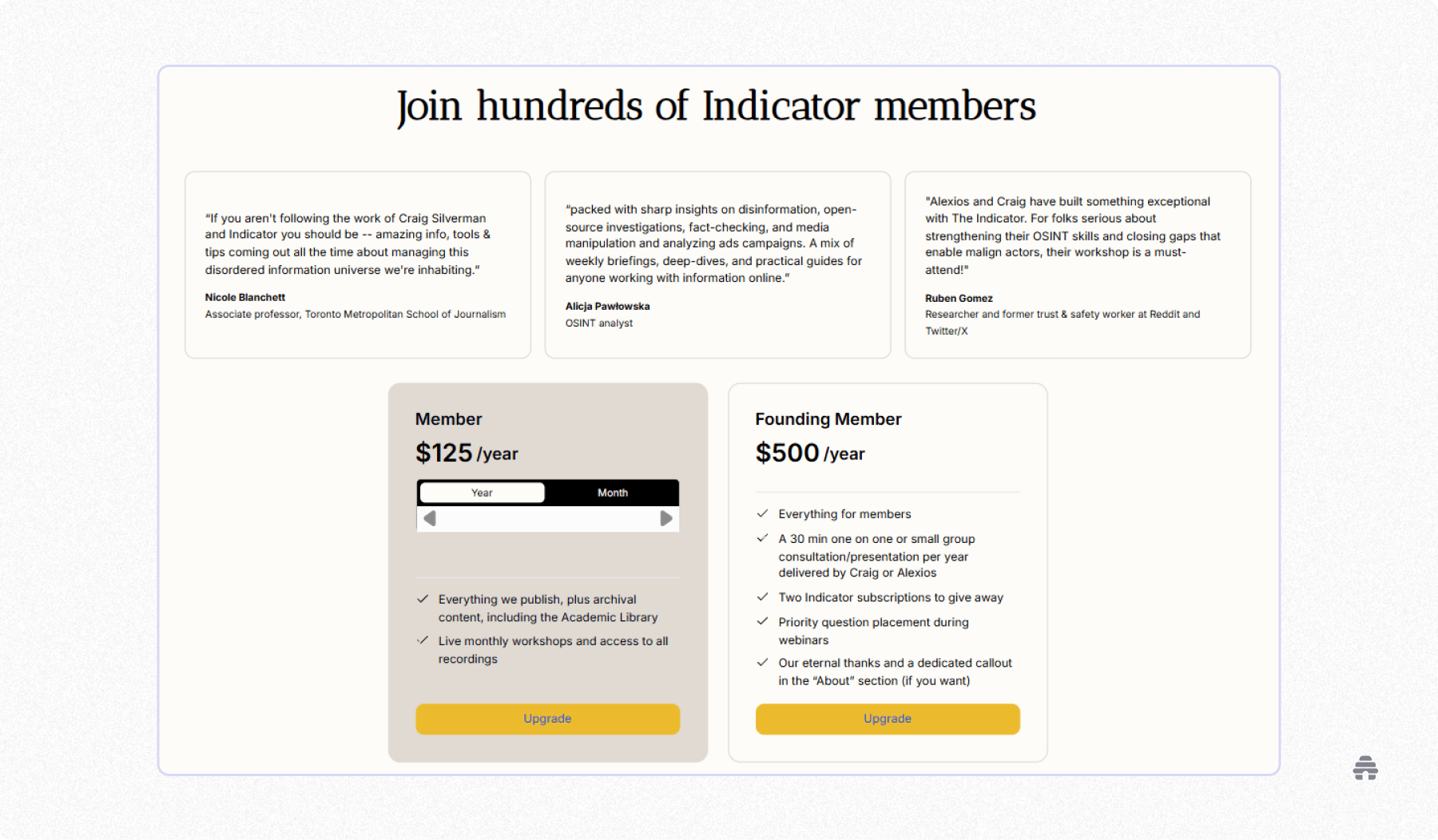 Indicator membership page displaying testimonials about the newsletter’s value and two subscription options — a $125/year Member plan and a $500/year Founding Member plan — outlining benefits like workshops, archival access, and consultation sessions.