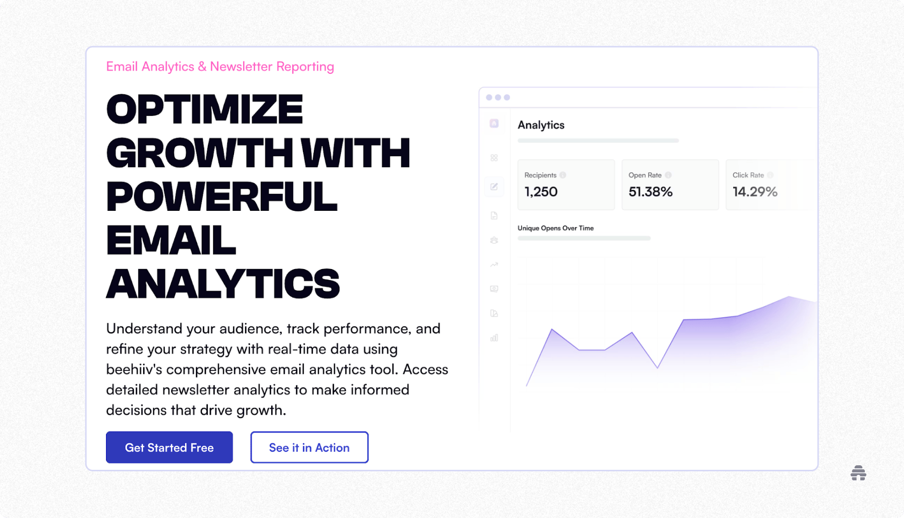 beehiiv email analytics dashboard promoting newsletter reporting, showing open rate, click rate, recipients, and a growth chart to help creators optimize newsletter performance.