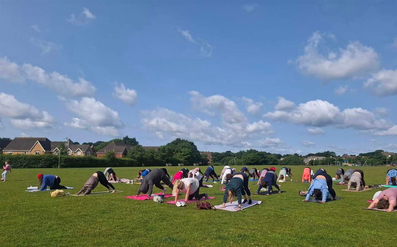 Park Yoga - many attendees in the field with their yoga mats, stretching