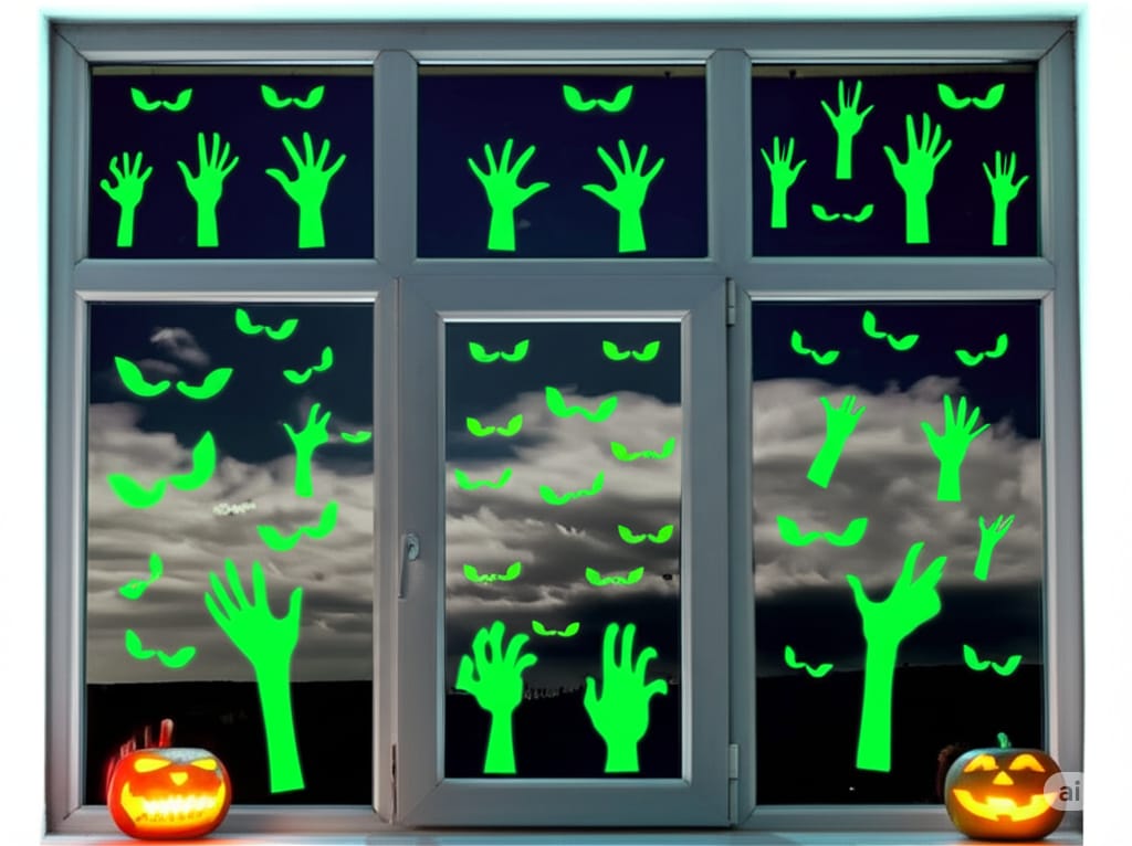 A clean, modern image depicting a window frame against a solid white background, showcasing glowing Halloween decorations within. These include two pairs of spooky eyes at the top, two eerie zombie hands reaching from the bottom sill, and three glowing jack-o'-lanterns, all in a professional, web-optimized 16:9 landscape format.