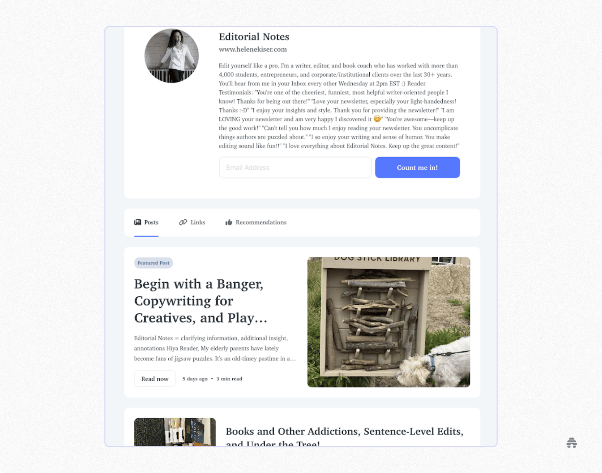 beehiiv publication page for Editorial Notes by Helene Kiser, featuring a newsletter description, subscriber sign-up section, and recent posts on writing, editing, and creative copywriting.