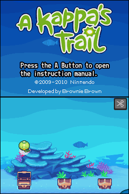 A screenshot (of both DS screens) showing off the underwater world that your Kappa lives in. He’s currently floating above the treasure chests which have minigames inside of them, playable once you swim into one.