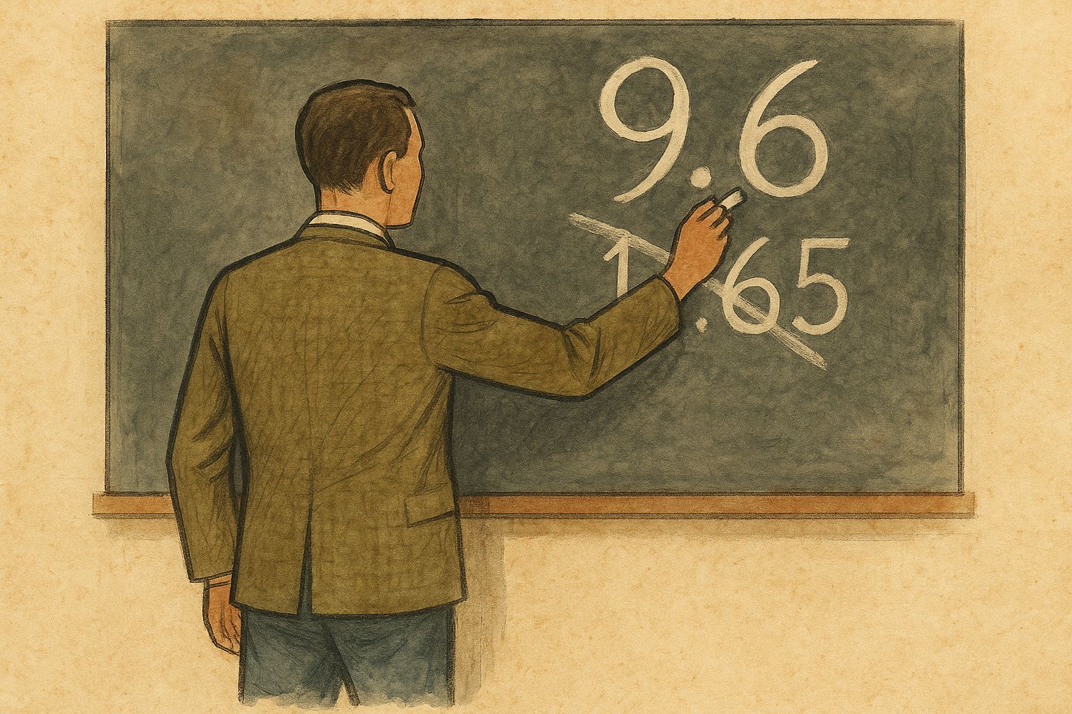 Illustration of a figure at a chalkboard crossing out 1.65 and writing 9.6 above it