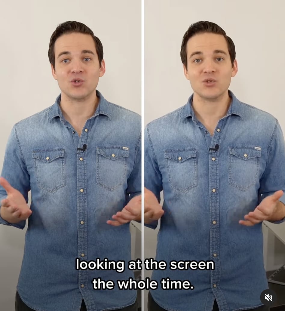 Side-by-side comparison of video of a man speaking with and without eye correction