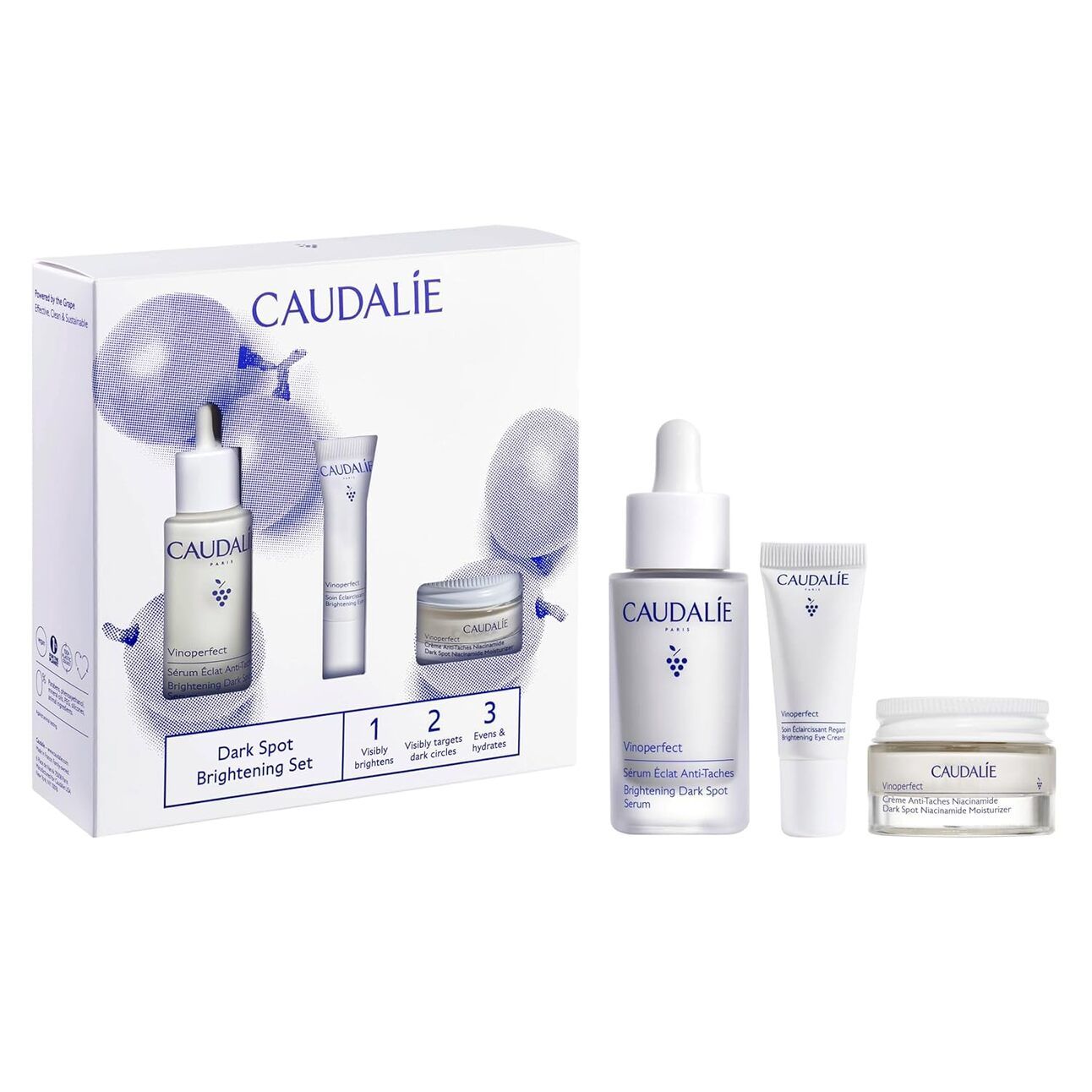 Caudalie Vinoperfect Brightening Set Sophisticated Caudalie skincare set with grapevine extract products in minimalist white and green packaging, ideal for targeting dark spots.