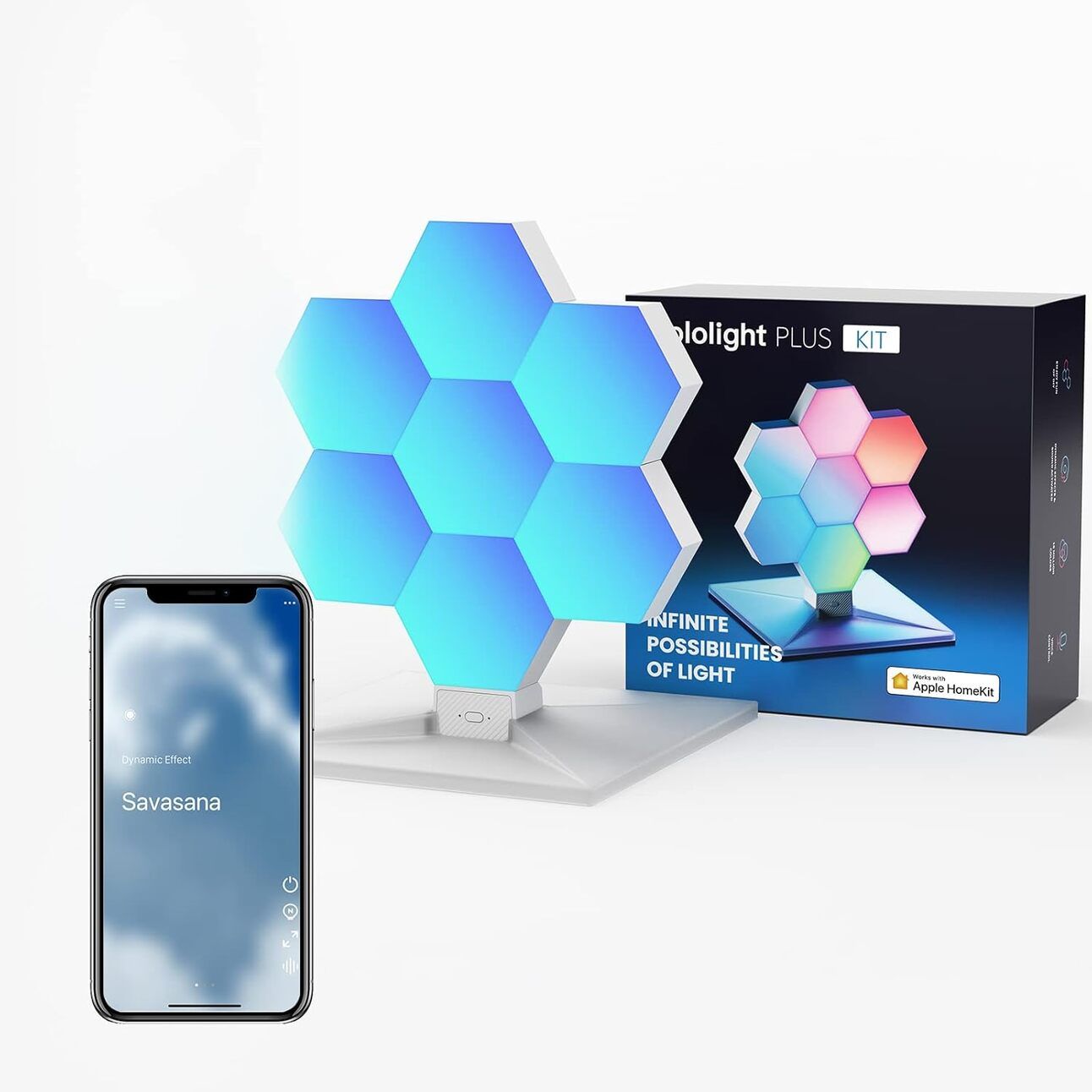 Cololight Plus – Smart Hexagon Panels on a Budget Affordable hexagonal smart lights snapped together on a wall, displaying customizable colors and sound-reactive patterns.