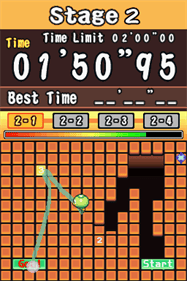 A screenshot of Stage 2 of the Trial of Tiles minigame, which has you trying to make it from the starting line to the goal line without falling down — a feat made difficult by the fact that all of these tiles that the Kappa is stepping on are falling.